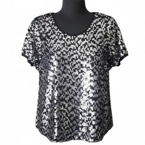 PLEIONE Black Silver Sequin Short Sleeve Top Blouse Women's Small Petite NWT $69
